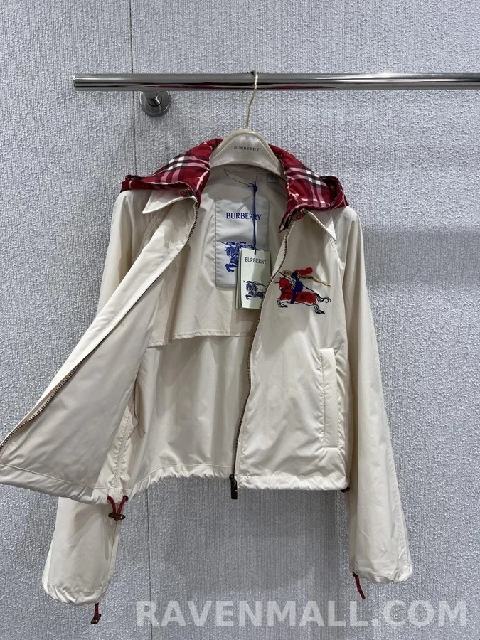 버버리 버버리 아이보리 전마 자수 체크 크롭 후드 재킷 상세 이미지