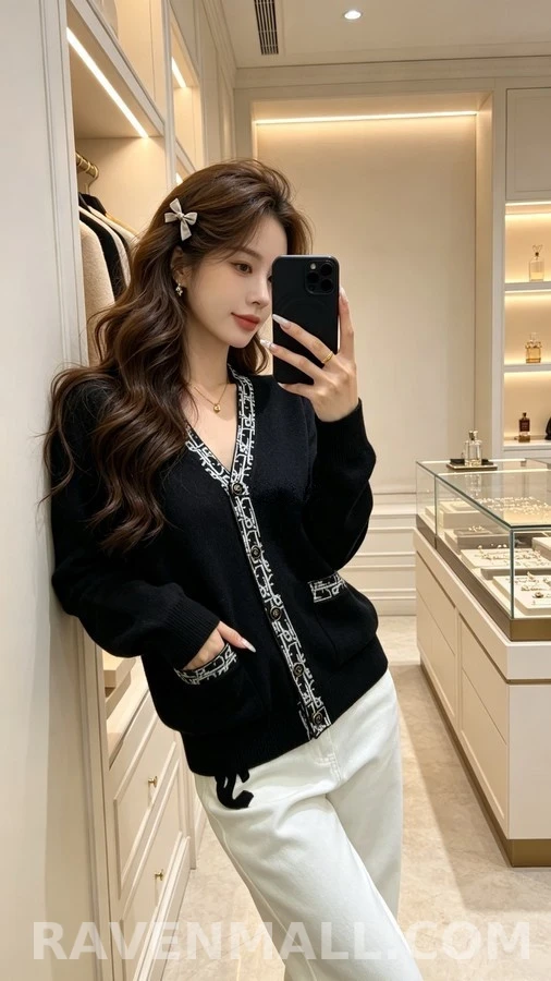 디올 디올 로고 자카드 배색 브이넥 가디건 상세 이미지