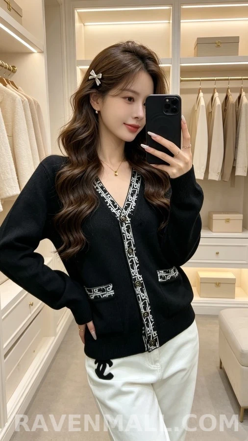 디올 디올 로고 자카드 배색 브이넥 가디건 상세 이미지