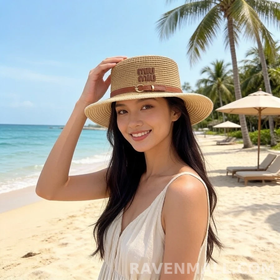 미우미우 미우미우 투톤 밀짚 보터햇 상세 이미지