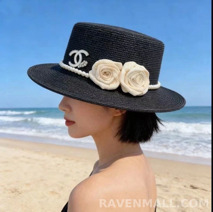 샤넬 샤넬 까멜리아 로고 평탑 밀짚모자 상세 이미지