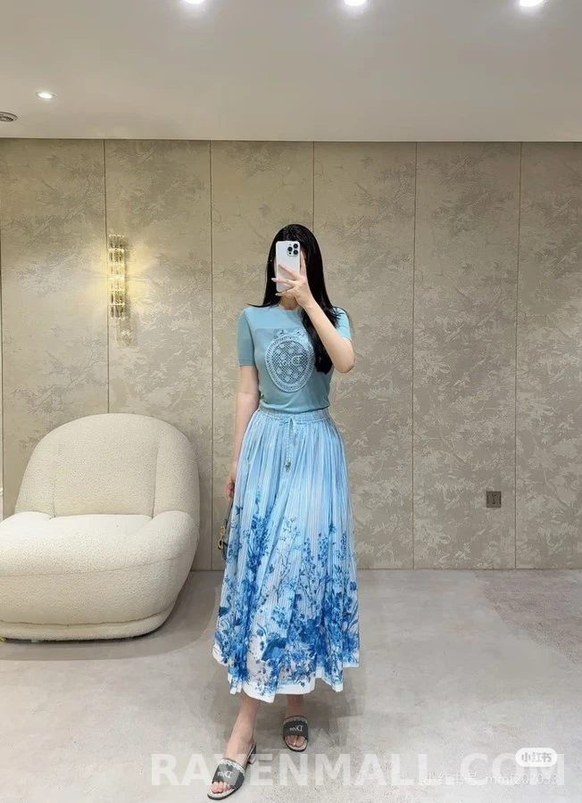 디올 디올 청화자 수묵 화조 프린트 롱 스커트 상세 이미지