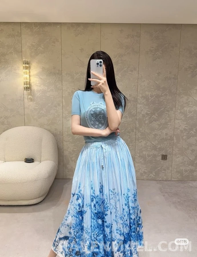 디올 디올 청화자 수묵 화조 프린트 롱 스커트 상세 이미지