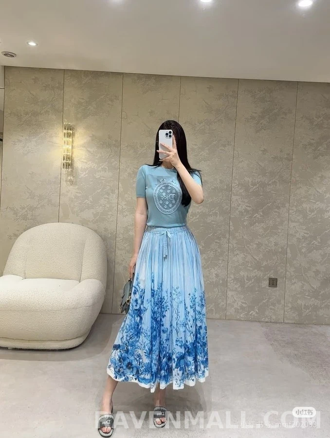 디올 디올 청화자 수묵 화조 프린트 롱 스커트 상세 이미지