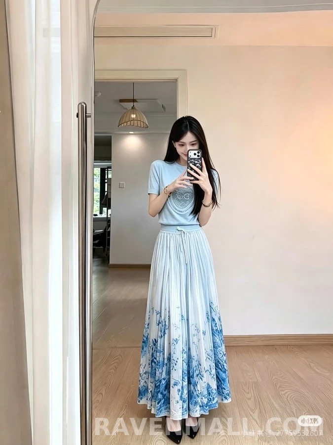 디올 디올 청화자 수묵 화조 프린트 롱 스커트 상세 이미지