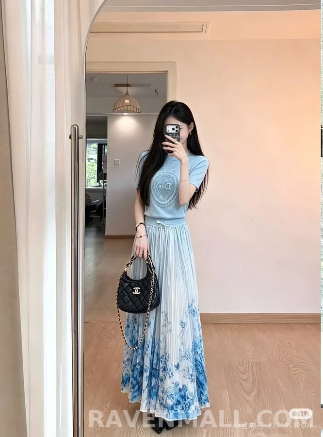 디올 디올 청화자 수묵 화조 프린트 롱 스커트 상세 이미지