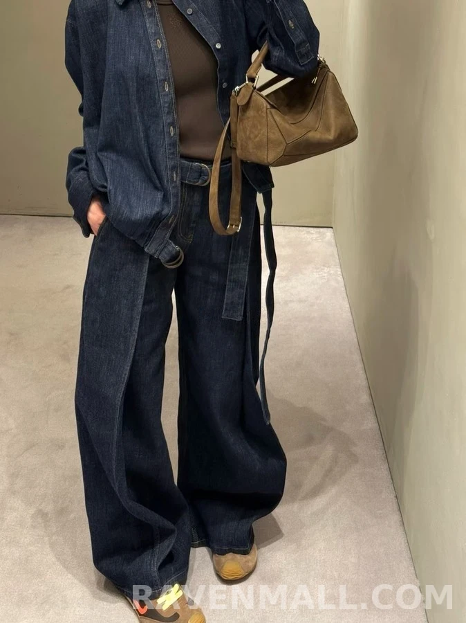 로에베 로에베 에어리 플리츠 벨트 와이드 데님 팬츠 상세 이미지