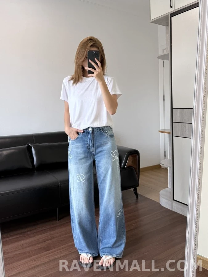 로에베 로에베 워싱 로고 자수 와이드 데님 팬츠 상세 이미지