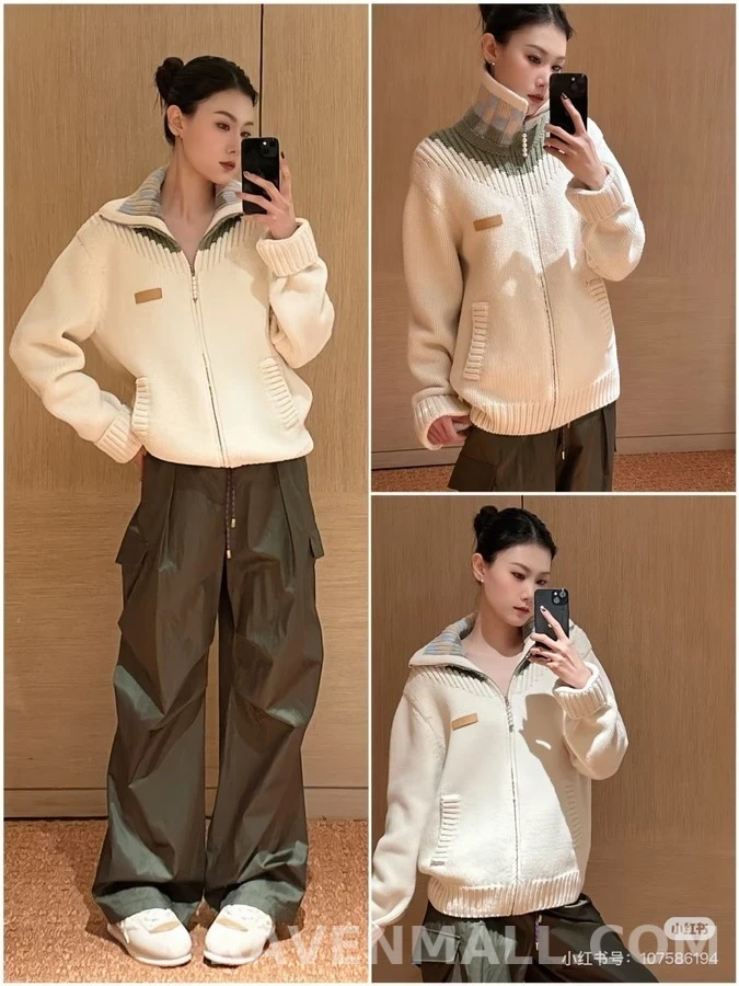 루이비통 루이비통 배색 카라 등판 엠보싱 레터링 진주 지퍼 자켓 상세 이미지