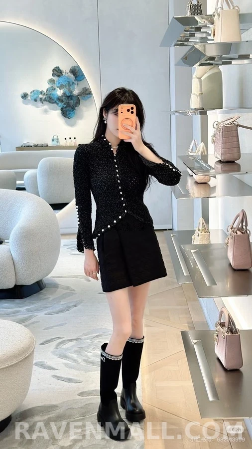 디올 디올 스펙클 하이넥 진주 버튼 가디건 상세 이미지