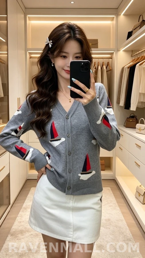 톰브라운 톰브라운 V넥 돛단배 자카드 가디건 상세 이미지