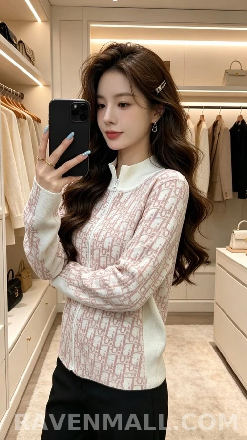 디올 디올 모노그램 자카드 스탠드넥 집업 니트 상세 이미지