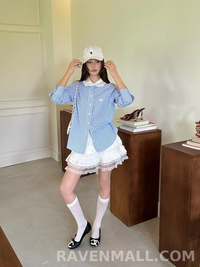 셀린느 셀린느 체크 프릴 카라 셔츠 상세 이미지