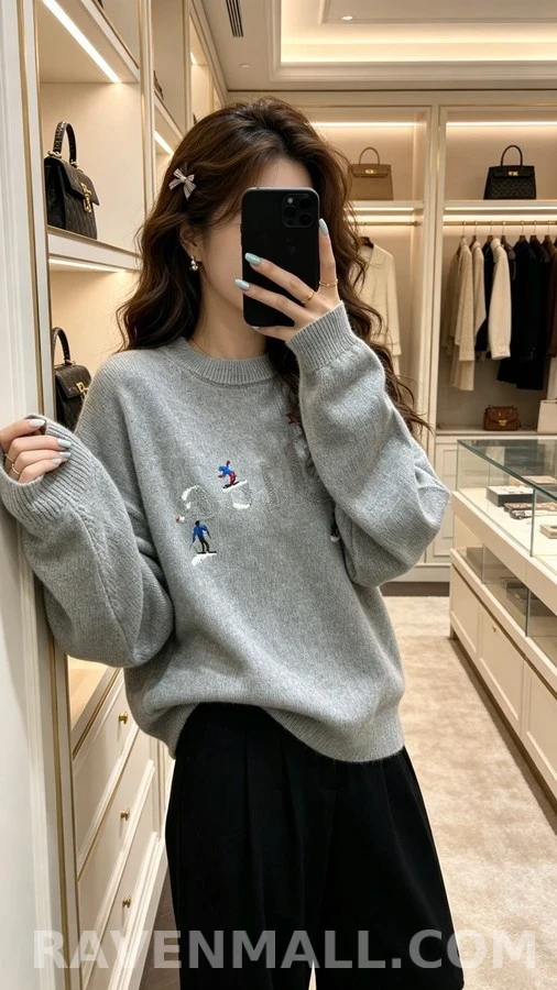 디올 디올 스키 자수 라운드넥 니트 그레이 상세 이미지