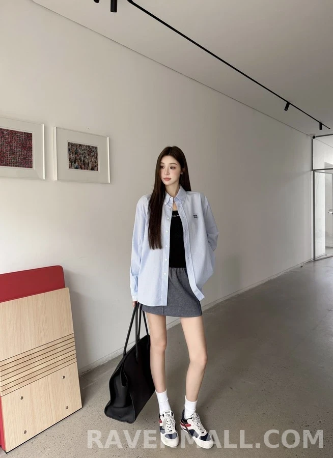 미우미우 미우미우 로고 체크 셔츠 스카이블루 상세 이미지