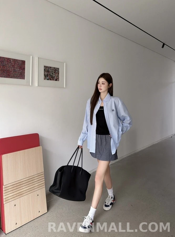 미우미우 미우미우 로고 체크 셔츠 스카이블루 상세 이미지