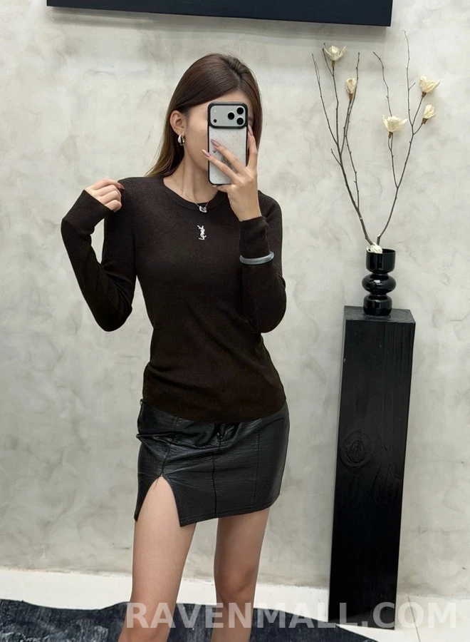 생로랑 세인트로랑 로고 자수 골지 긴팔 티셔츠 상세 이미지