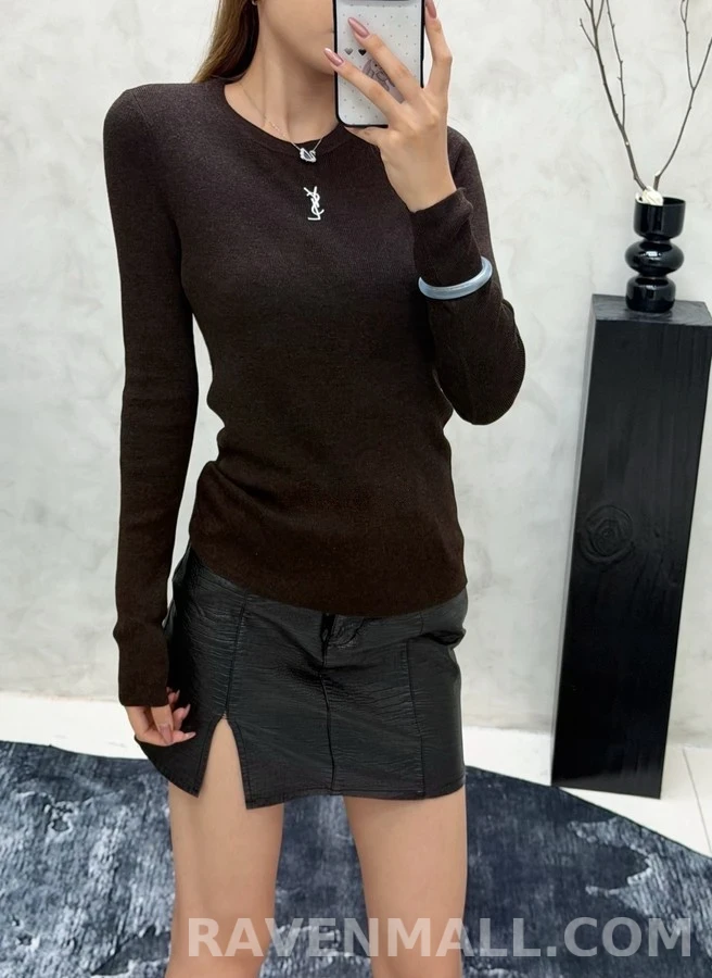 생로랑 세인트로랑 로고 자수 골지 긴팔 티셔츠 상세 이미지
