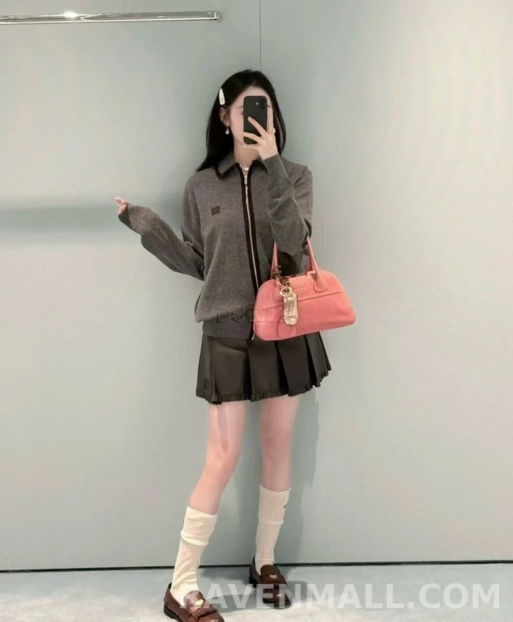 미우미우 미우미우 가죽 배색 카라 지퍼 니트 가디건 상세 이미지