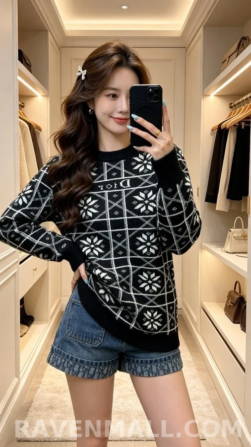 디올 디올 눈꽃 패턴 자카드 니트 상세 이미지