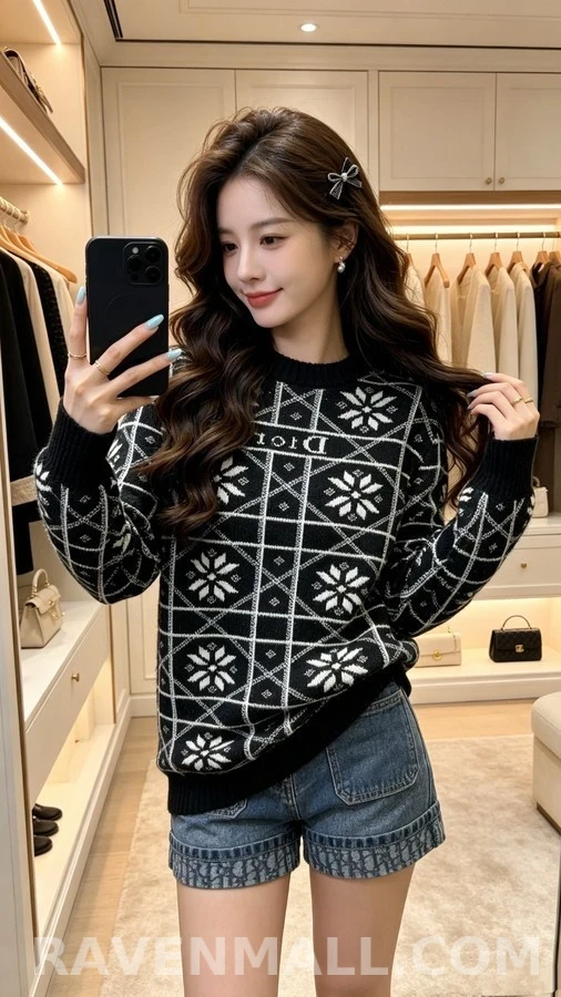 디올 디올 눈꽃 패턴 자카드 니트 상세 이미지