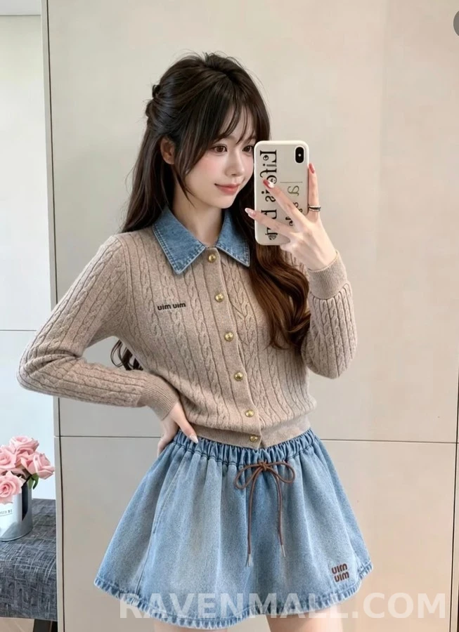 미우미우 미우미우 데님 칼라 케이블 니트 가디건 상세 이미지