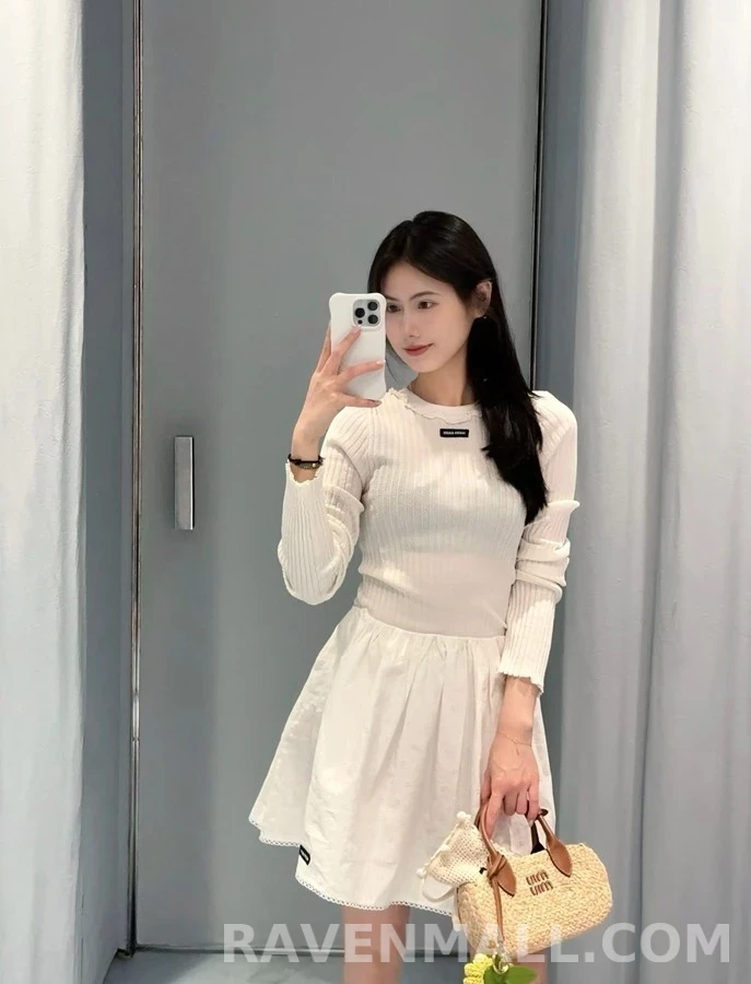 미우미우 미우미우 프릴 라운드넥 립 니트 탑 상세 이미지