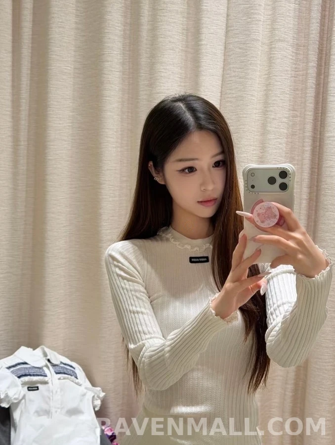 미우미우 미우미우 프릴 라운드넥 립 니트 탑 상세 이미지