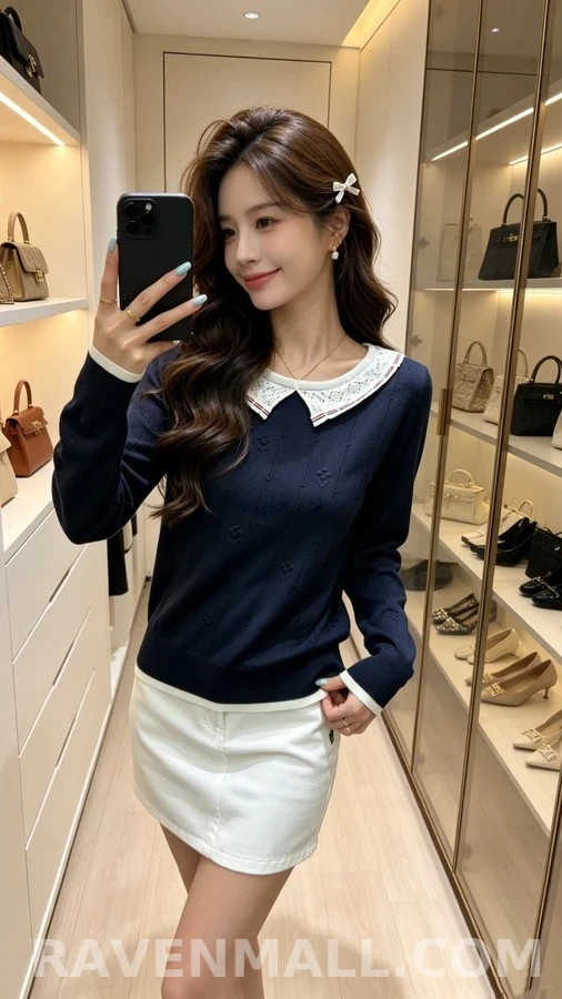 톰브라운 톰브라운 스트라이프 피터팬 카라 플라워 니트 상세 이미지