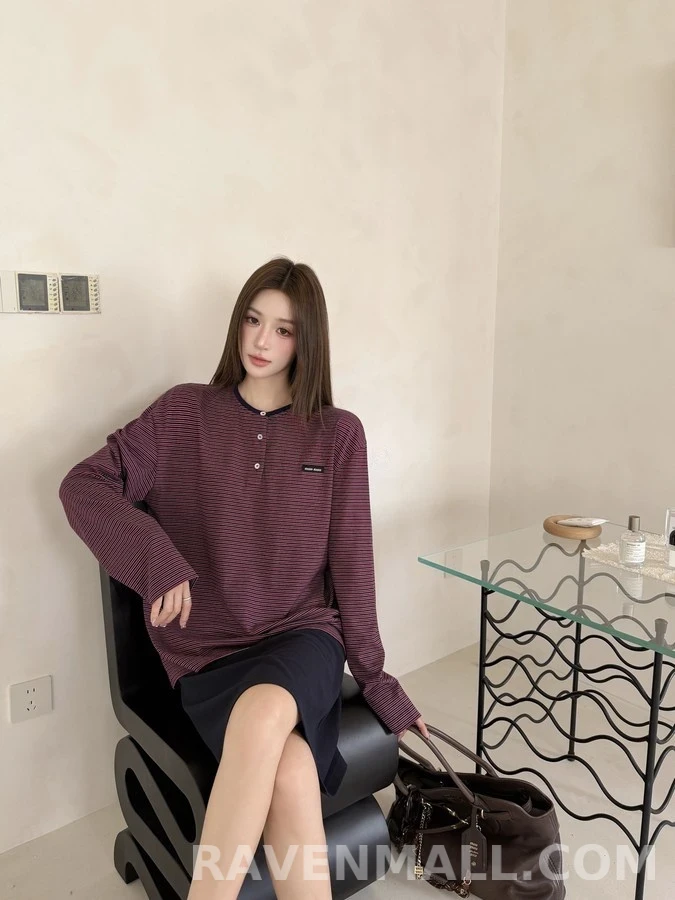 미우미우 미우미우 스트라이프 헨리넥 티셔츠 상세 이미지