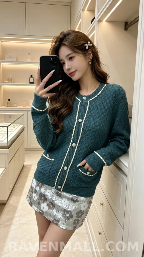샤넬 샤넬 텍스처드 체인 트림 라운드넥 가디건 상세 이미지