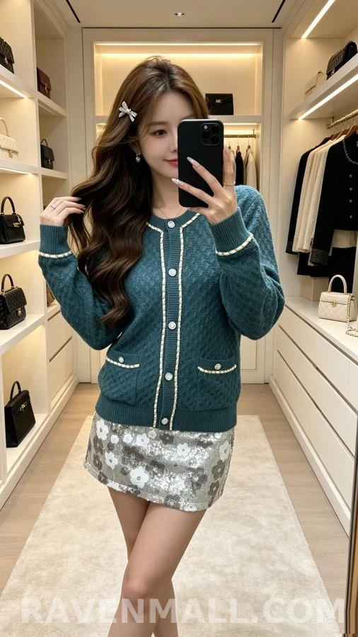 샤넬 샤넬 텍스처드 체인 트림 라운드넥 가디건 상세 이미지
