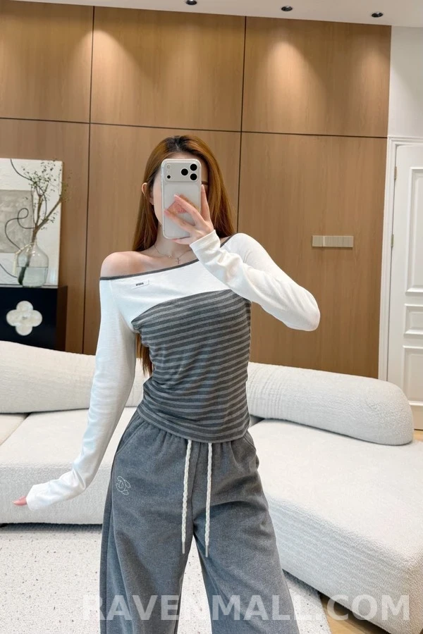 미우미우 미우미우 배색 스트라이프 보트넥 긴팔 티셔츠 상세 이미지