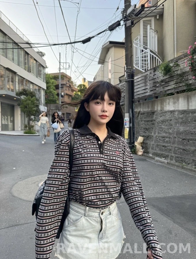 크롬하츠 크롬하츠 십자 패턴 스트라이프 폴로 긴팔 티셔츠 상세 이미지