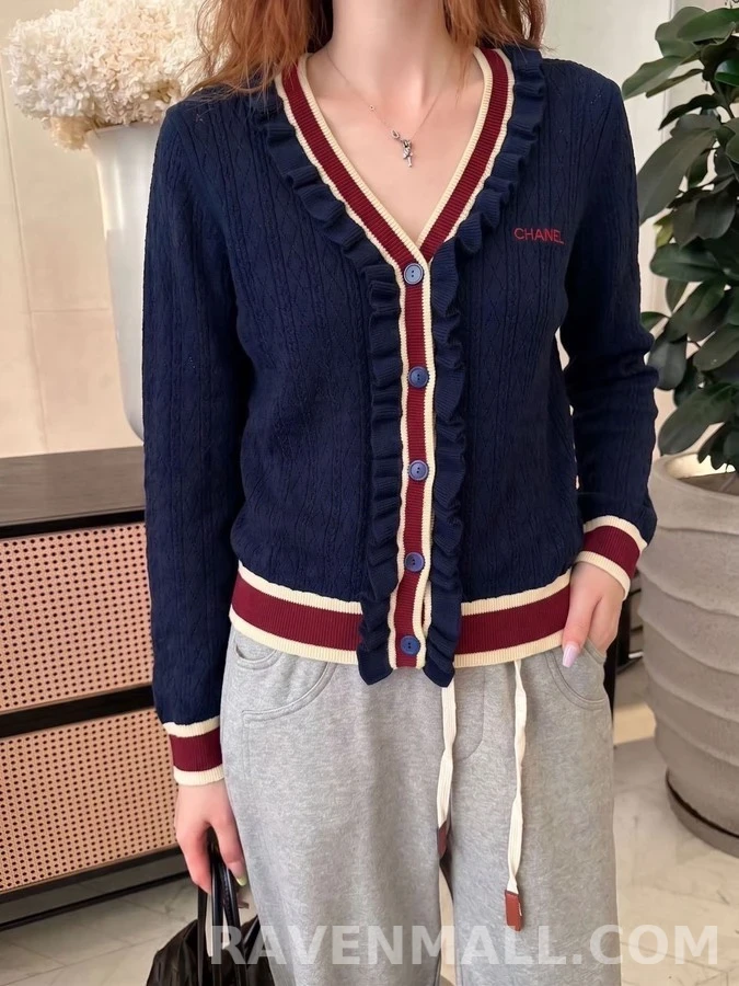 샤넬 샤넬 브이넥 러플 스트라이프 가디건 상세 이미지