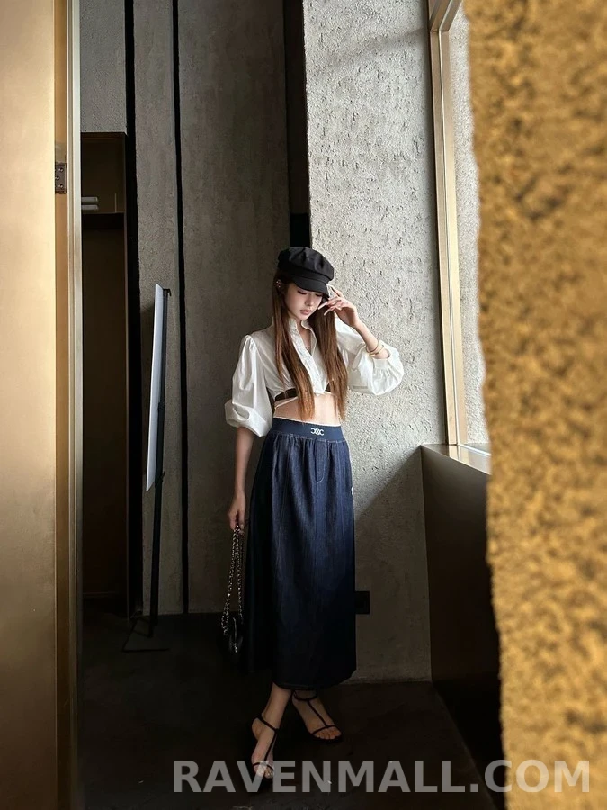 셀린느 셀린느 자수 로고 밴딩 데님 스커트 상세 이미지