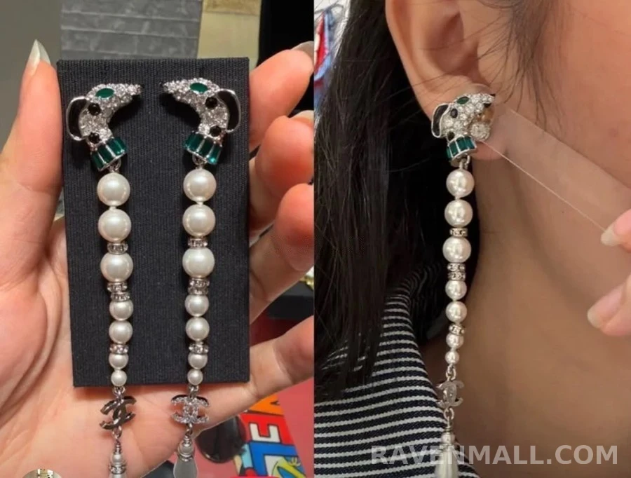 샤넬 샤넬 크리스탈 도그 진주 드롭 귀걸이 상세 이미지