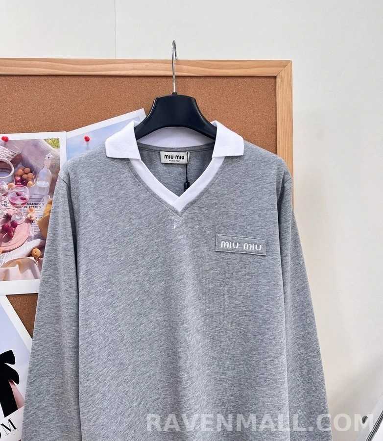 미우미우 미우미우 배색 카라 긴팔 티셔츠 상세 이미지