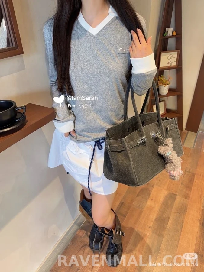 미우미우 미우미우 배색 카라 긴팔 티셔츠 상세 이미지