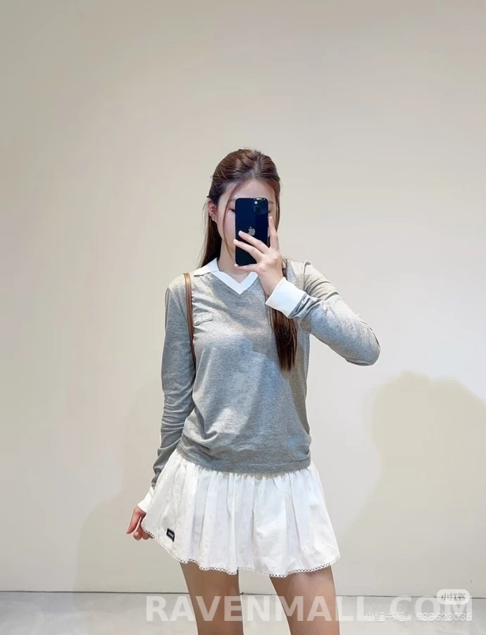 미우미우 미우미우 배색 카라 긴팔 티셔츠 상세 이미지