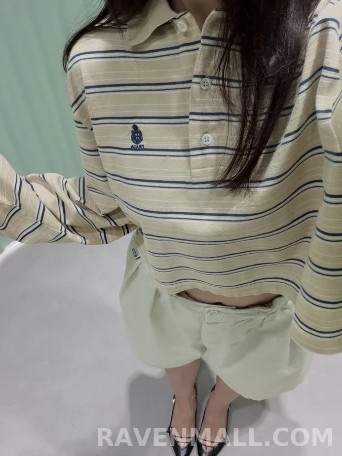 폴로 랄프 로렌 폴로 랄프 로렌 스트라이프 크롭 폴로 긴팔 티셔츠 상세 이미지