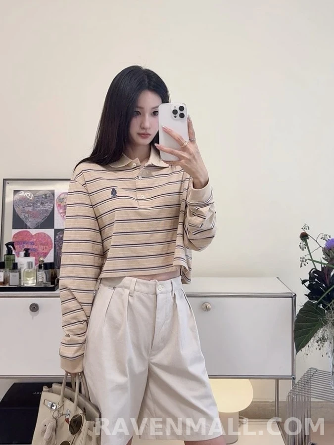 폴로 랄프 로렌 폴로 랄프 로렌 스트라이프 크롭 폴로 긴팔 티셔츠 상세 이미지