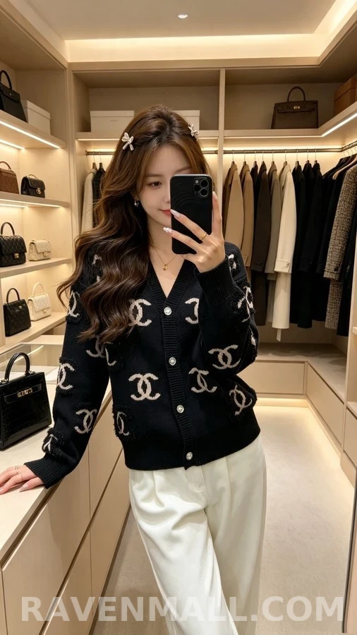 샤넬 샤넬 더블 C 로고 타월 자수 V넥 가디건 상세 이미지