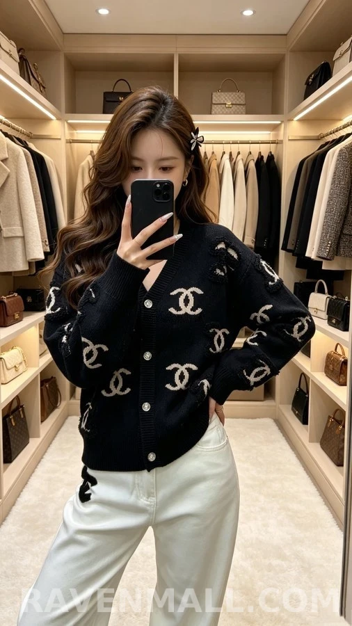 샤넬 샤넬 더블 C 로고 타월 자수 V넥 가디건 상세 이미지