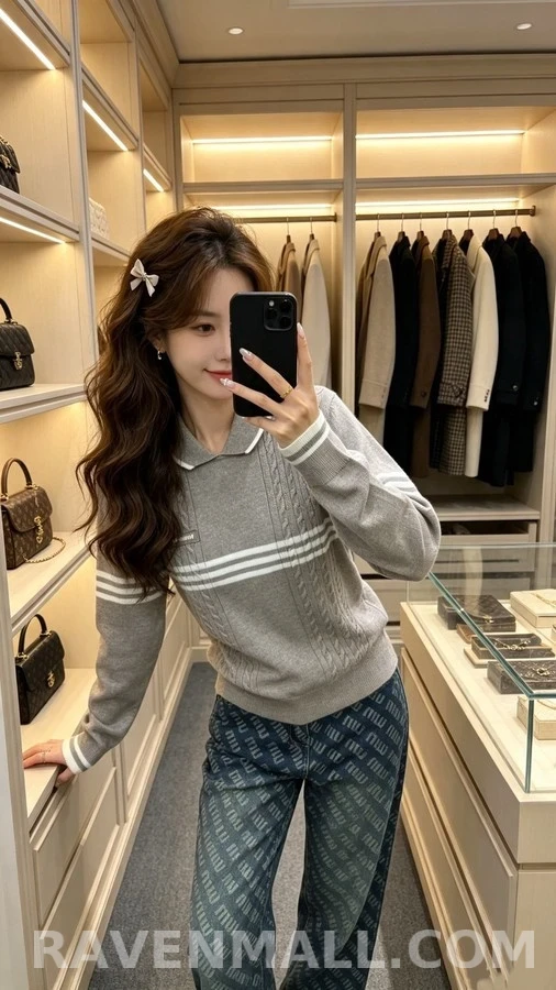미우미우 미우미우 스트라이프 케이블 니트 스웨터 상세 이미지