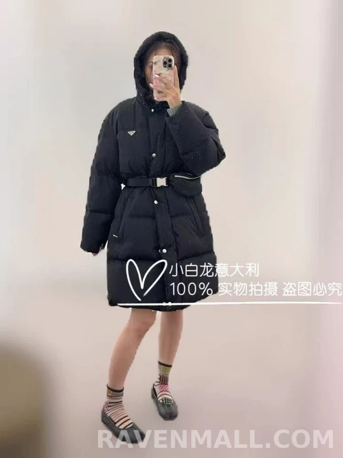 프라다 프라다 후드 벨티드 미드 롱 패딩 상세 이미지
