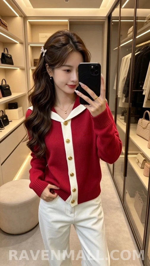 샤넬 샤넬 배색 세일러넥 가디건 상세 이미지