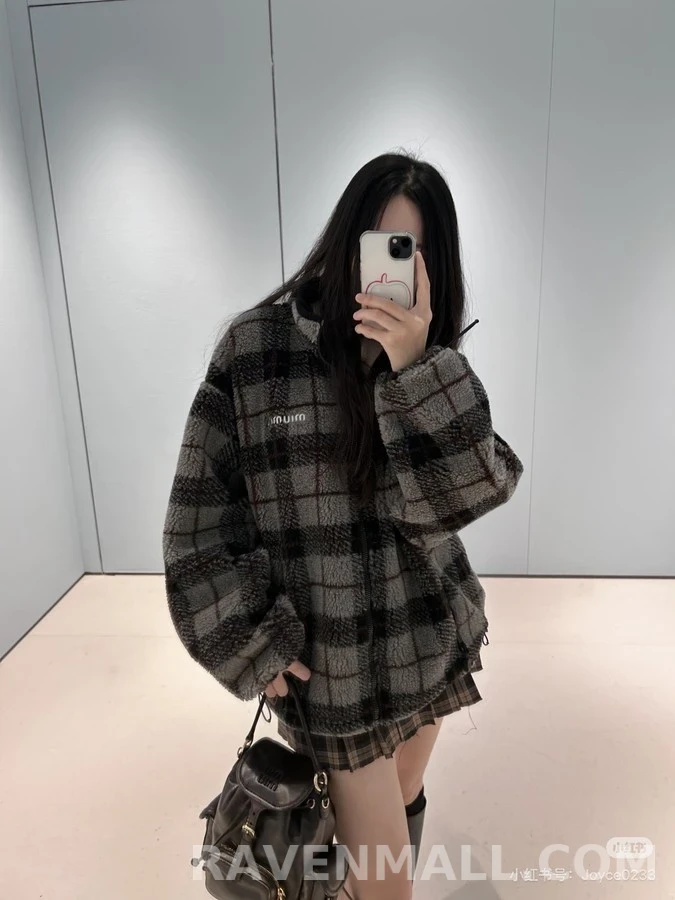 미우미우 미우미우 격자무늬 플리스 스탠드넥 자켓 상세 이미지