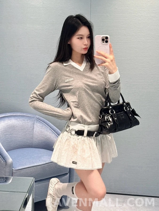 폴로 랄프 로렌 폴로 랄프 로렌 회색 배색 폴로넥 긴팔 티셔츠 상세 이미지
