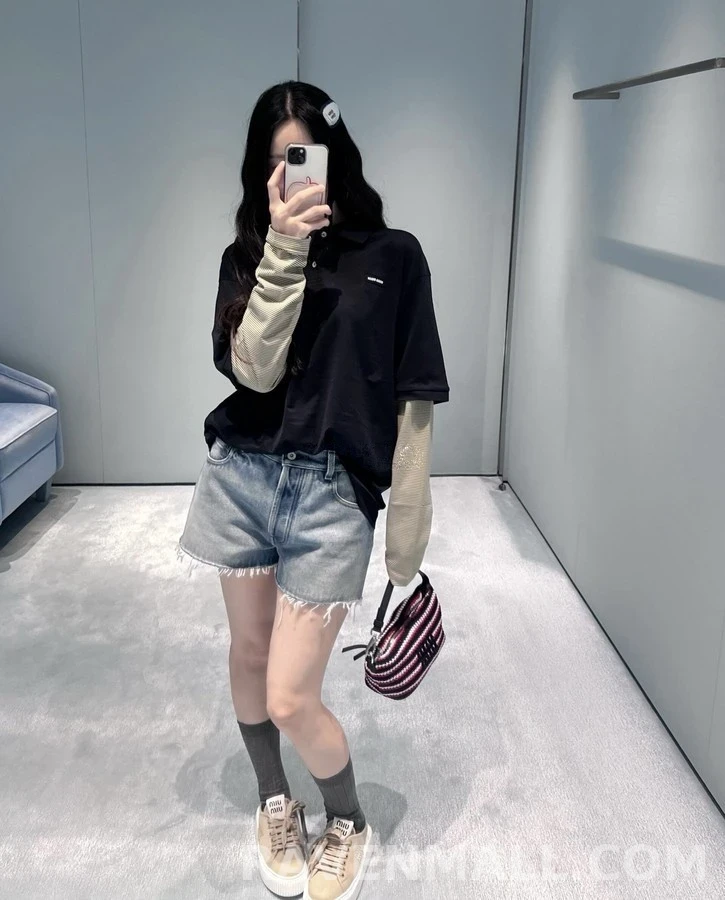 미우미우 미우미우 스트라이프 페이크 레이어드 폴로 긴팔 상세 이미지